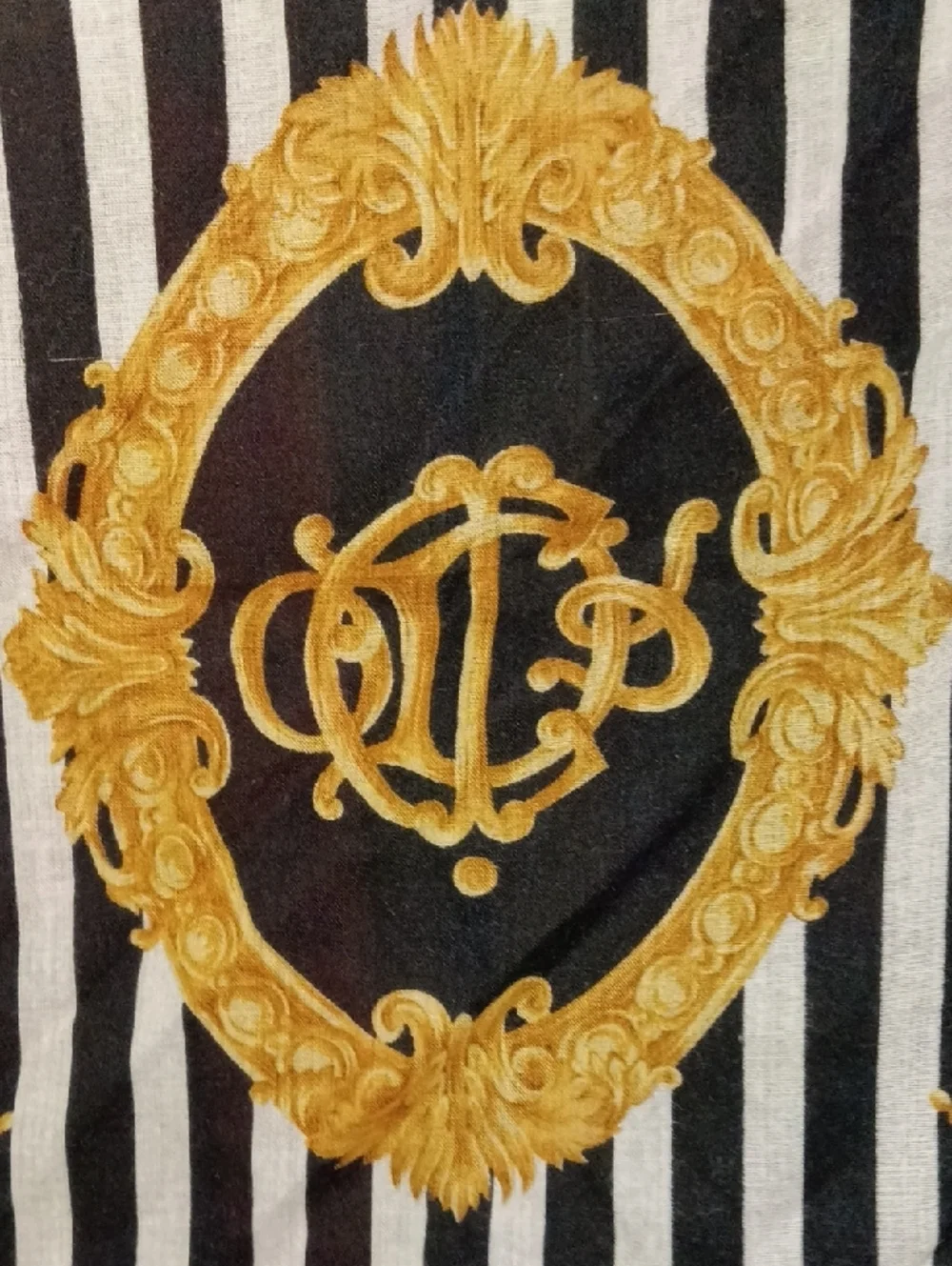 Vintage Baroque Style Christian Dior Black & White Striped Gold Medallion Scarf